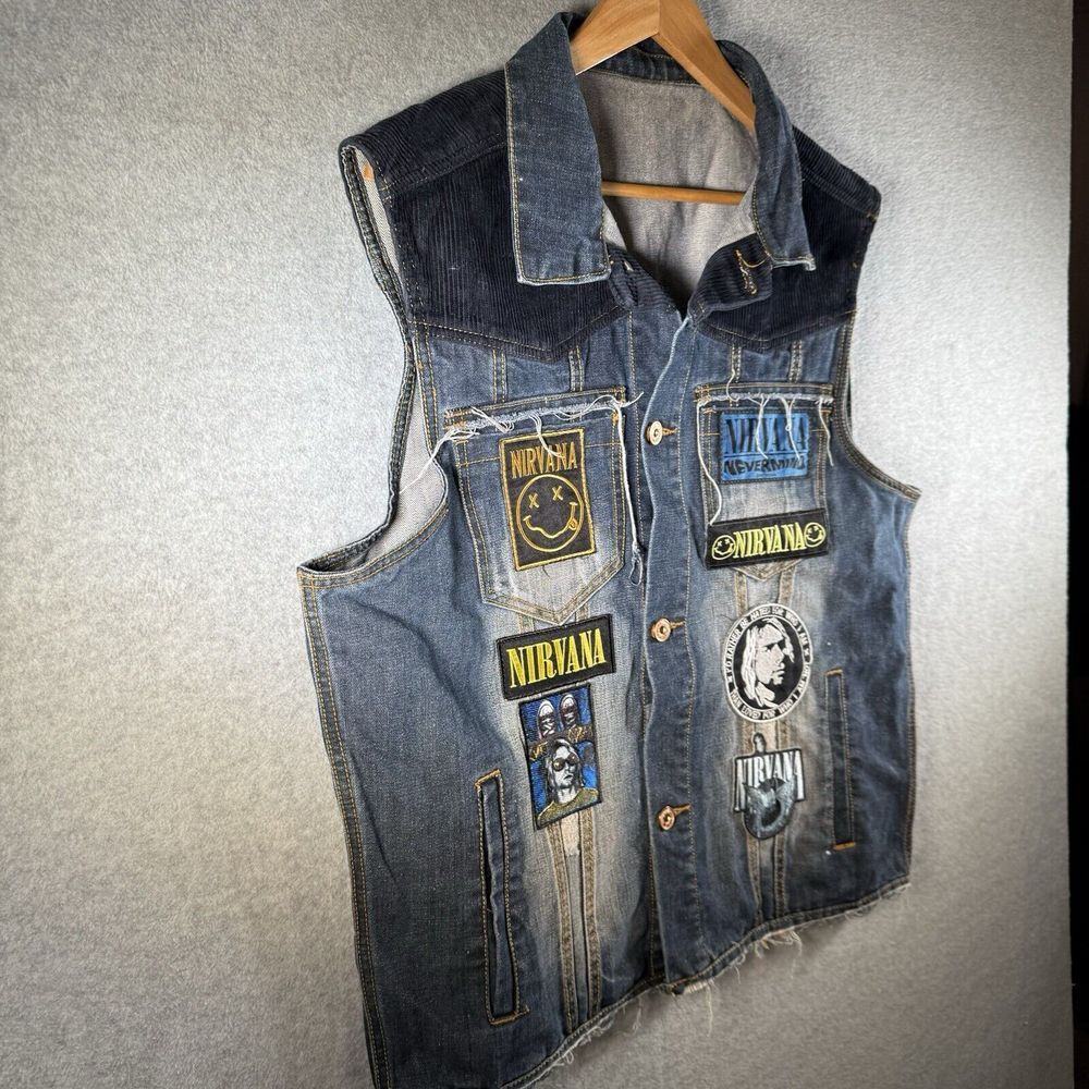 Rich Cotton Denim Nirvana Custom Corduroy Vest Patchwork Size 2XL XXL Distressed - Picture 5 of 12